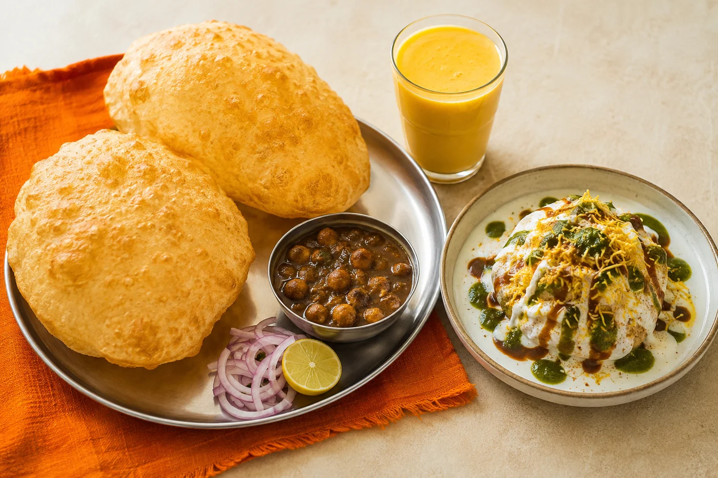 Chole bhature with raj kachori and mango lassi